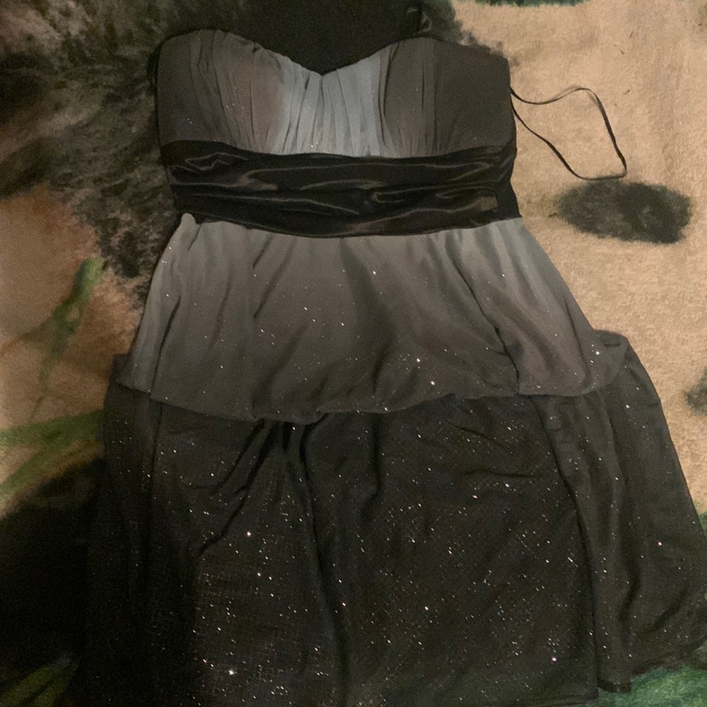 knee length black and blue dress